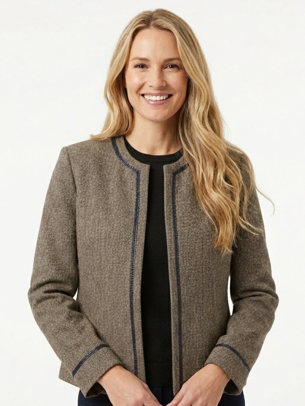 Kasper Blazer Size 14 Brown Herringbone Open Front Black Trim Long Sleeve Lined